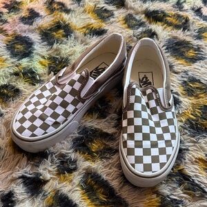 Vans Checkerboard Slip-On Sneakers - Olive and White Platforms